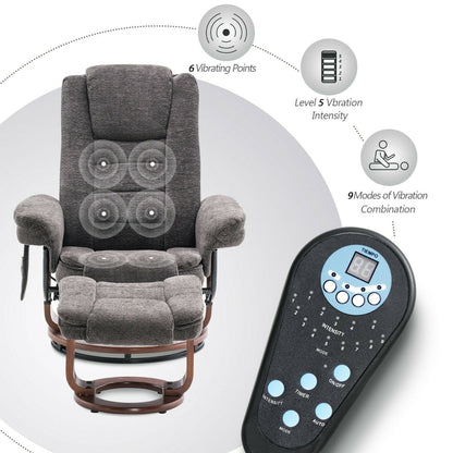 Mcombo Recliner Chair with Ottoman, Fabric Accent Chair with Vibration Massage, Swivel Chair with Wood Base, for Room 9099