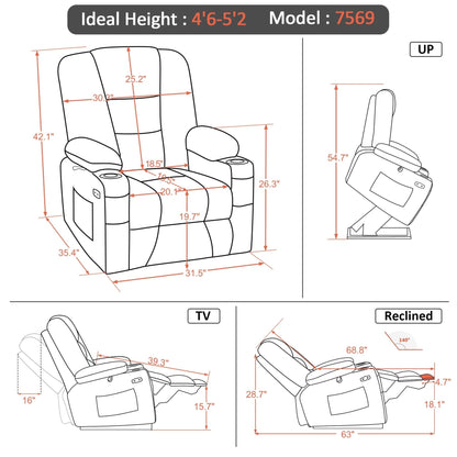MCombo Small Power Lift Recliner Chair with Massage and Heat for Short Elderly People, Faux Leather 7569