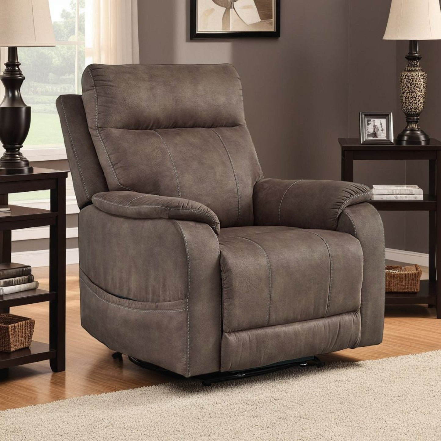 Mead Power Recliner Chair, Heat, Massage, 35 Inch Brown Faux Leather