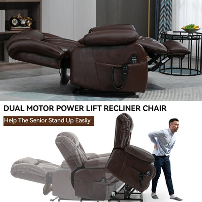 Medium-Sized Electric Power Lift Recliner Chair in Genuine Leather with Dual Motors, 8-Point Massage, Lumbar Heating