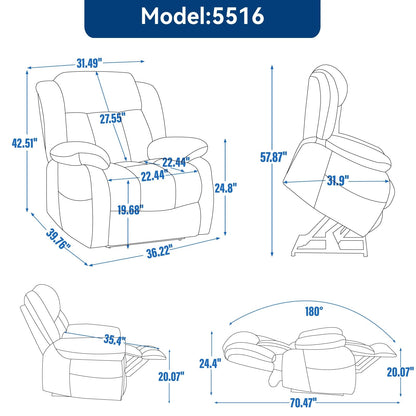 Medium-Sized Electric Power Lift Recliner Chair in Genuine Leather with Dual Motors, 8-Point Massage, Lumbar Heating