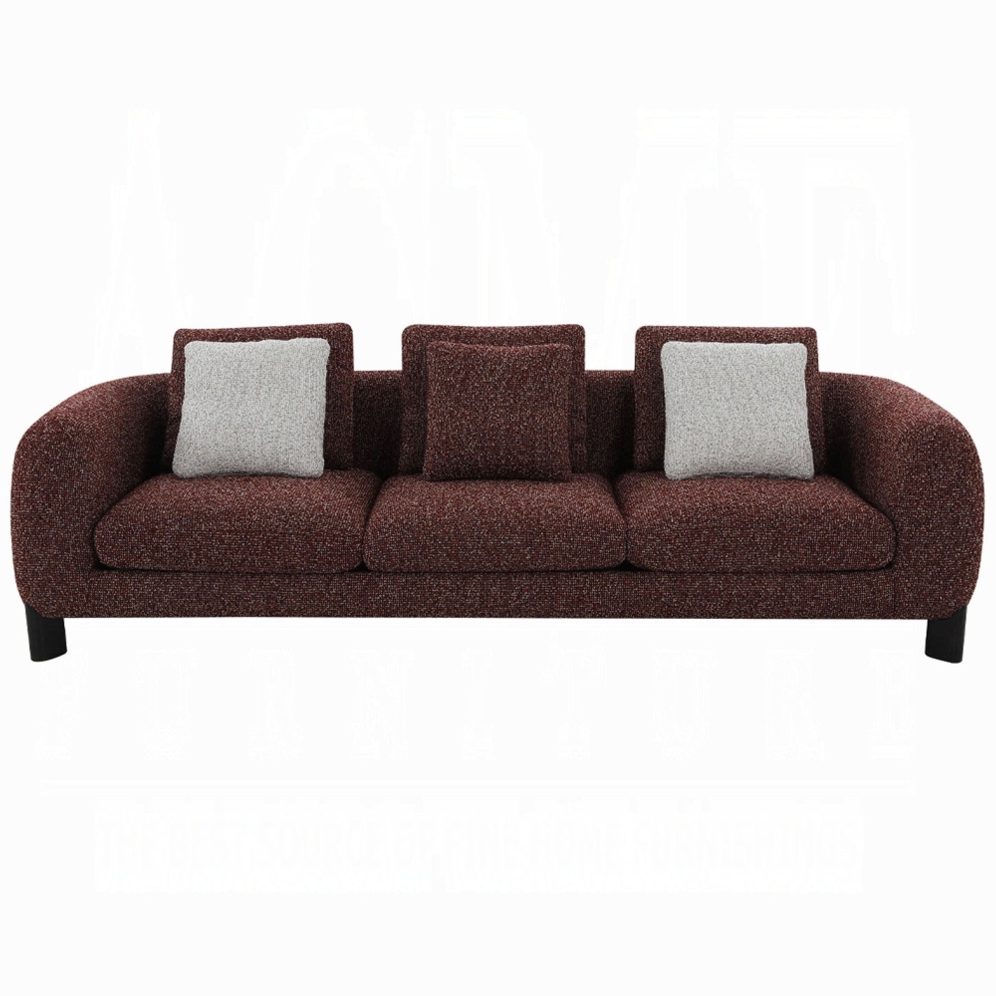 Meru Sofa w 3 Accent Pillows, Maroon Wine Red Tweed Fabric, 109 Inch