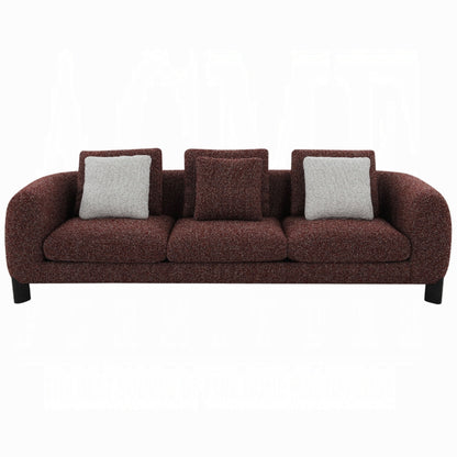 Meru Sofa w 3 Accent Pillows, Maroon Wine Red Tweed Fabric, 109 Inch