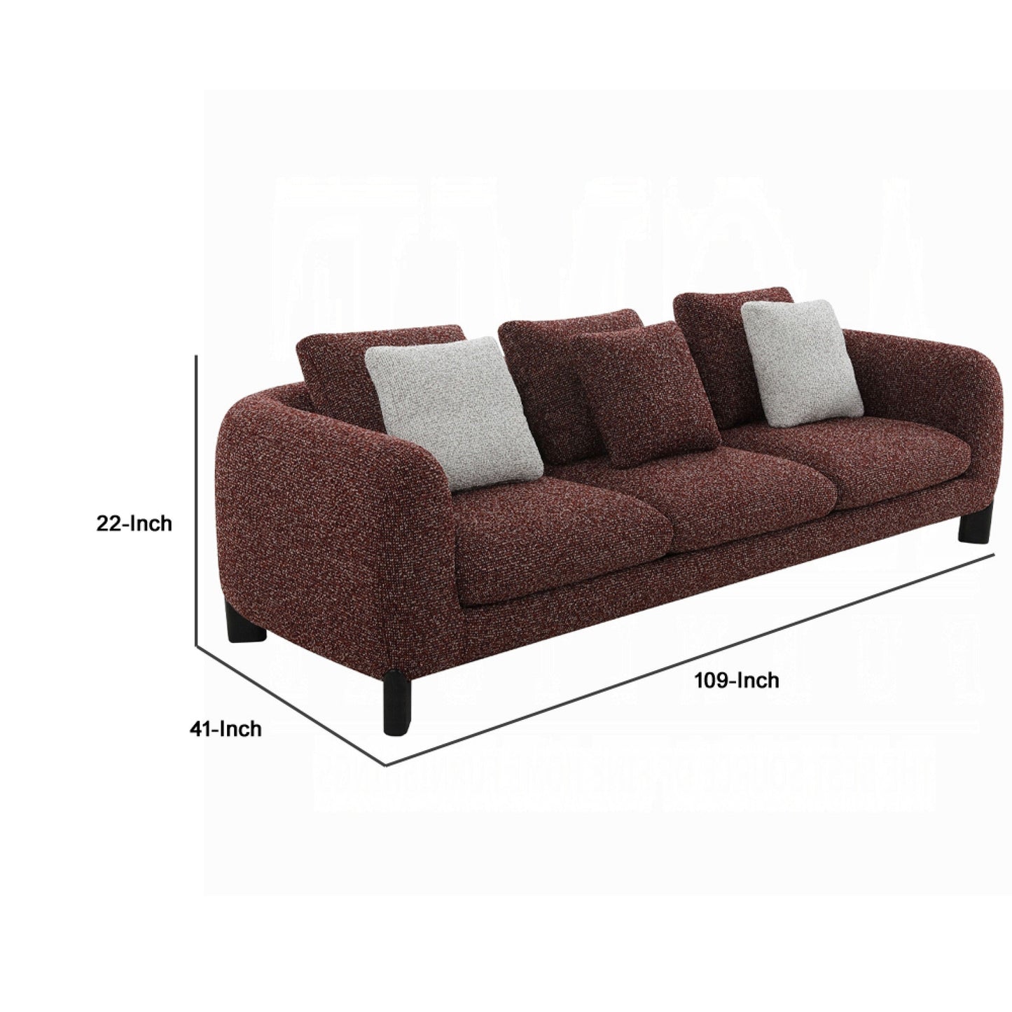 Meru Sofa w 3 Accent Pillows, Maroon Wine Red Tweed Fabric, 109 Inch
