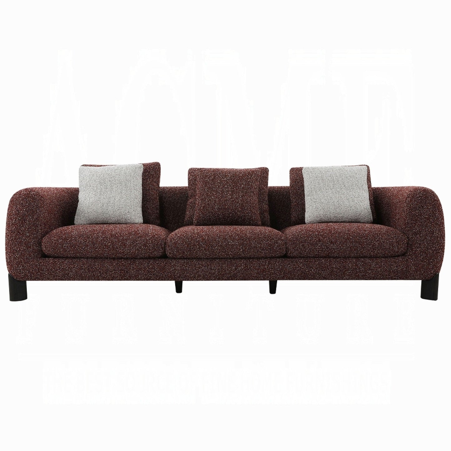 Meru Sofa w 3 Accent Pillows, Maroon Wine Red Tweed Fabric, 109 Inch