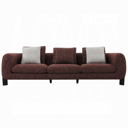 Meru Sofa w 3 Accent Pillows, Maroon Wine Red Tweed Fabric, 109 Inch