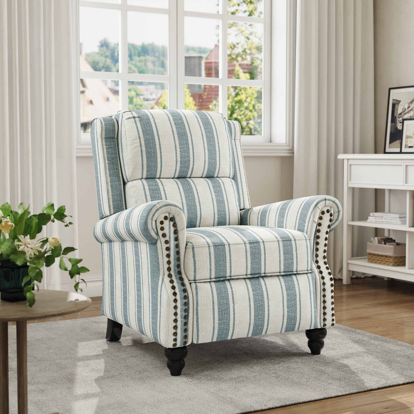 Mid-Century Nailhead Pu Leather Linen Recliner