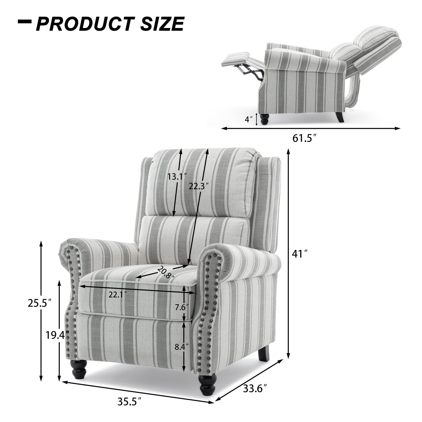 Mid-Century Nailhead Pu Leather Linen Recliner