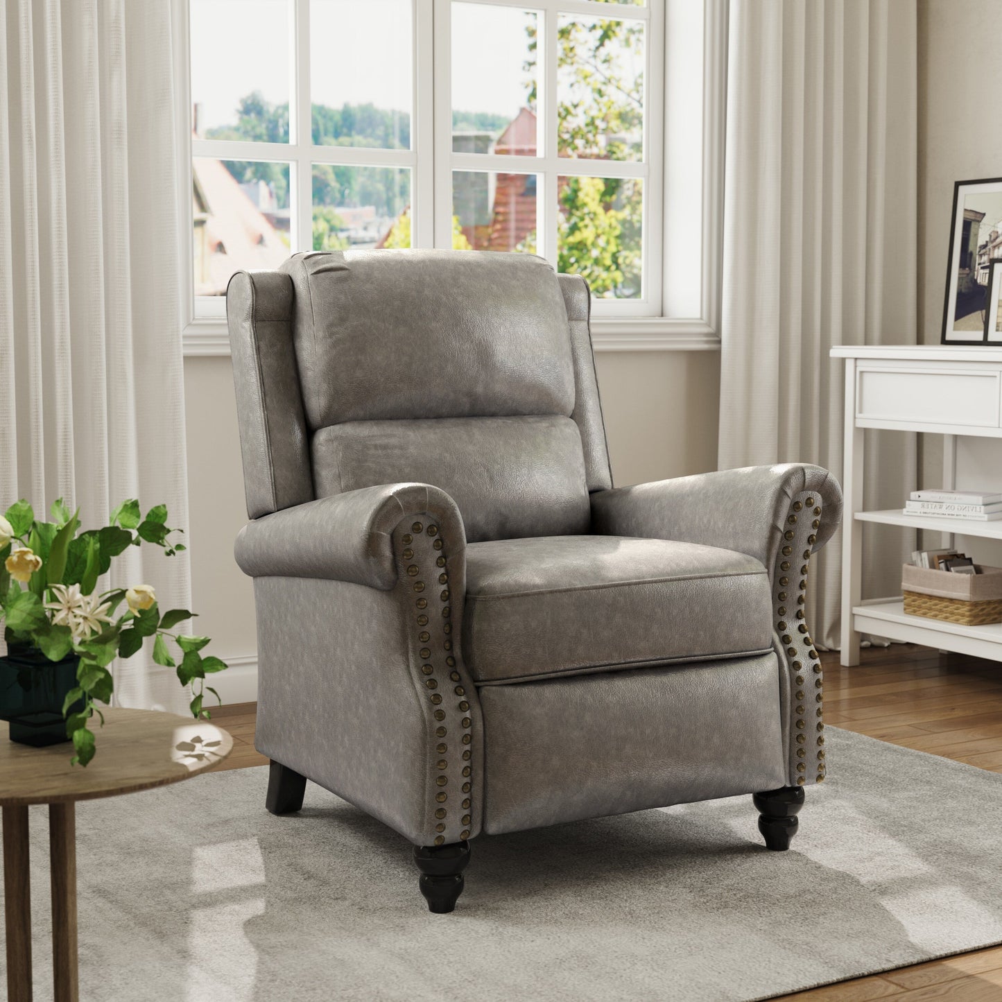 Mid-Century Nailhead Pu Leather Linen Recliner