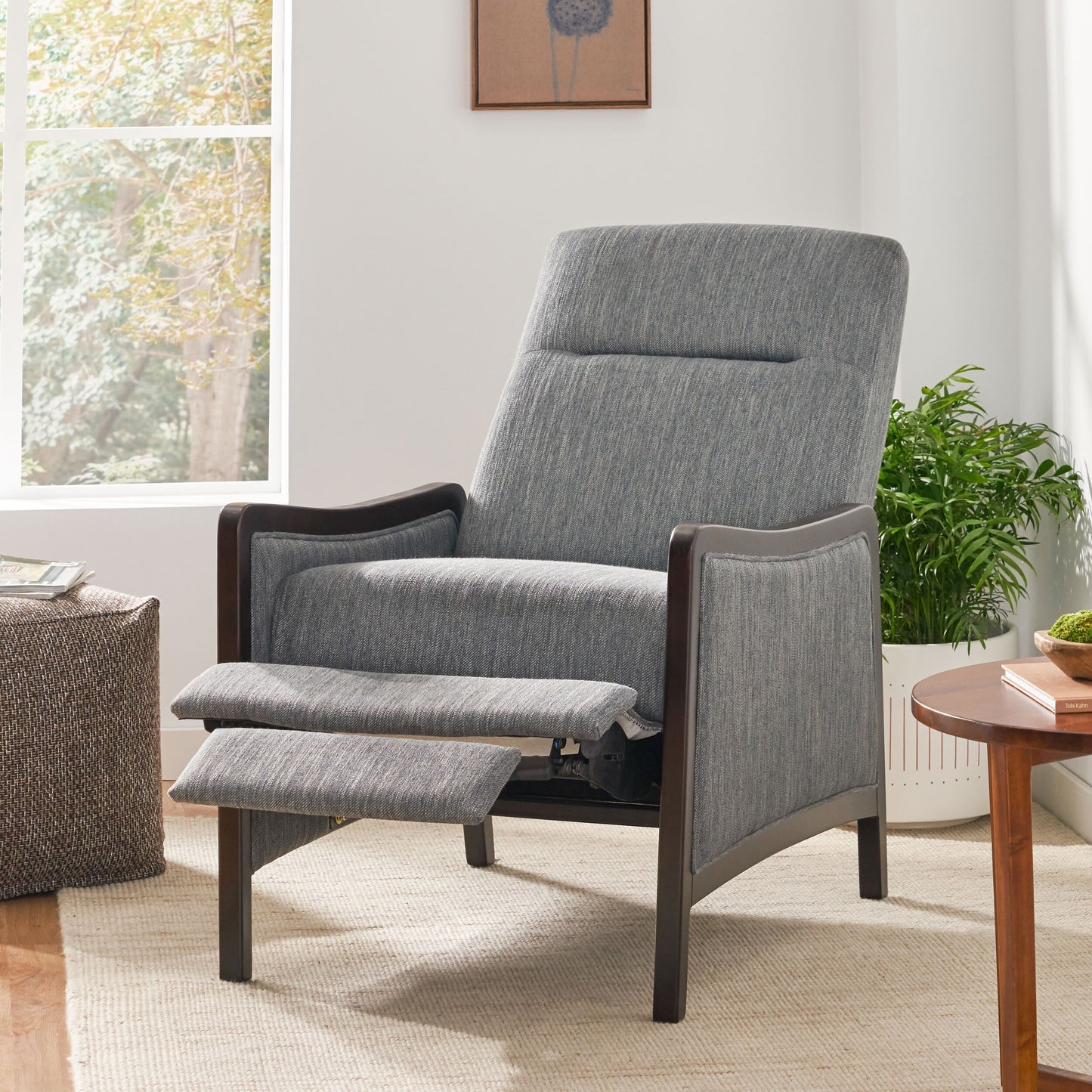 Mid-Century Upholstered Push-Back Recliner with Footrest and Birch Wood Frame