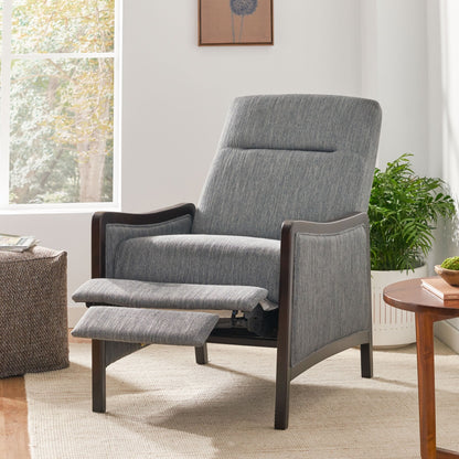 Mid-Century Upholstered Push-Back Recliner with Footrest and Birch Wood Frame