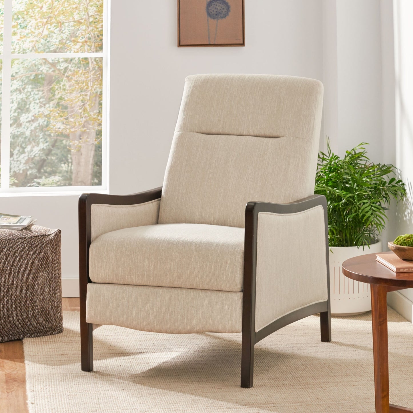 Mid-Century Upholstered Push-Back Recliner with Footrest and Birch Wood Frame
