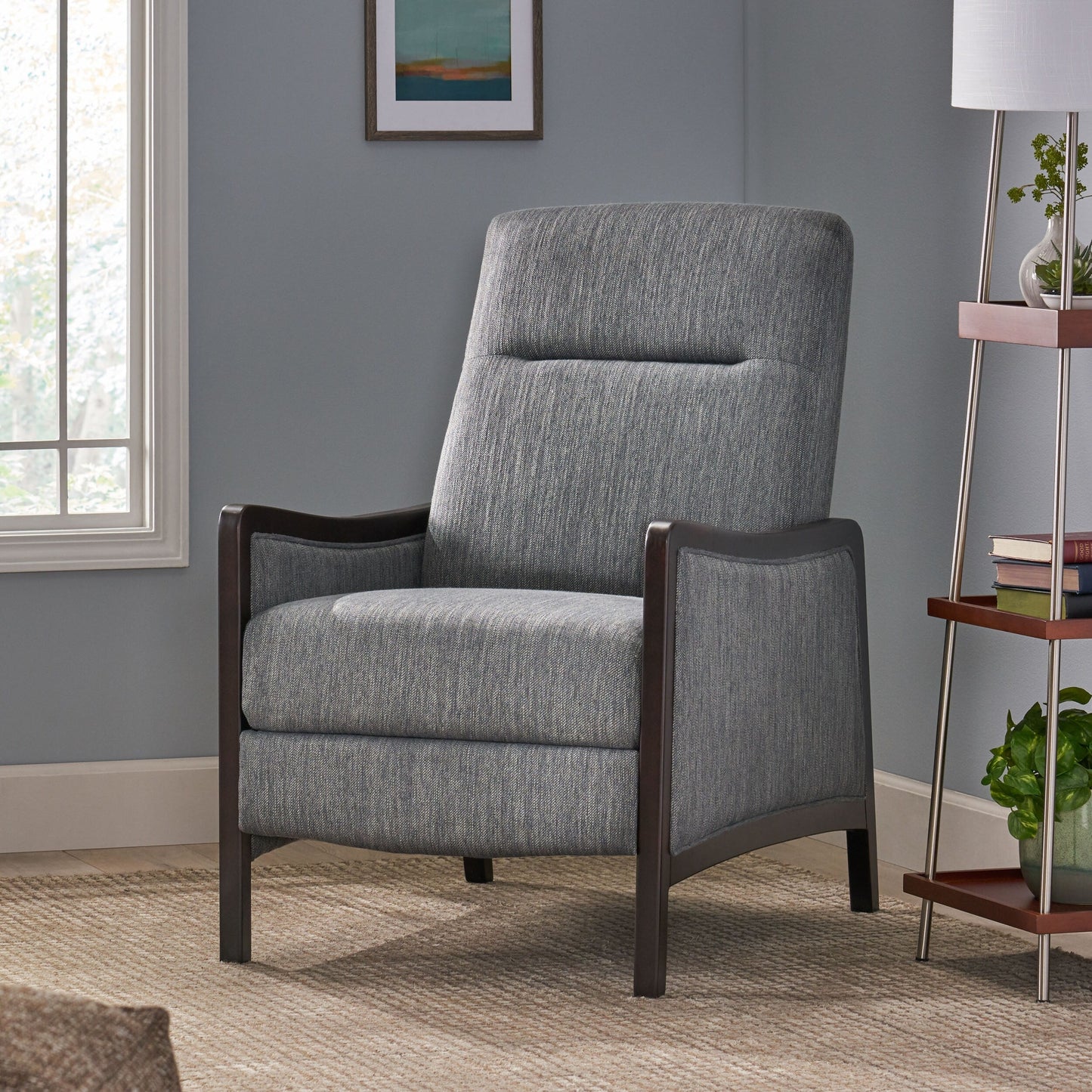 Mid-Century Upholstered Push-Back Recliner with Footrest and Birch Wood Frame