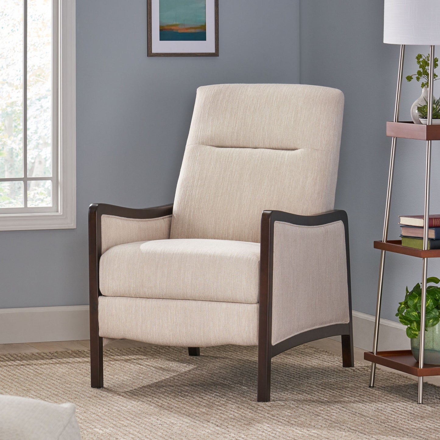 Mid-Century Upholstered Push-Back Recliner with Footrest and Birch Wood Frame