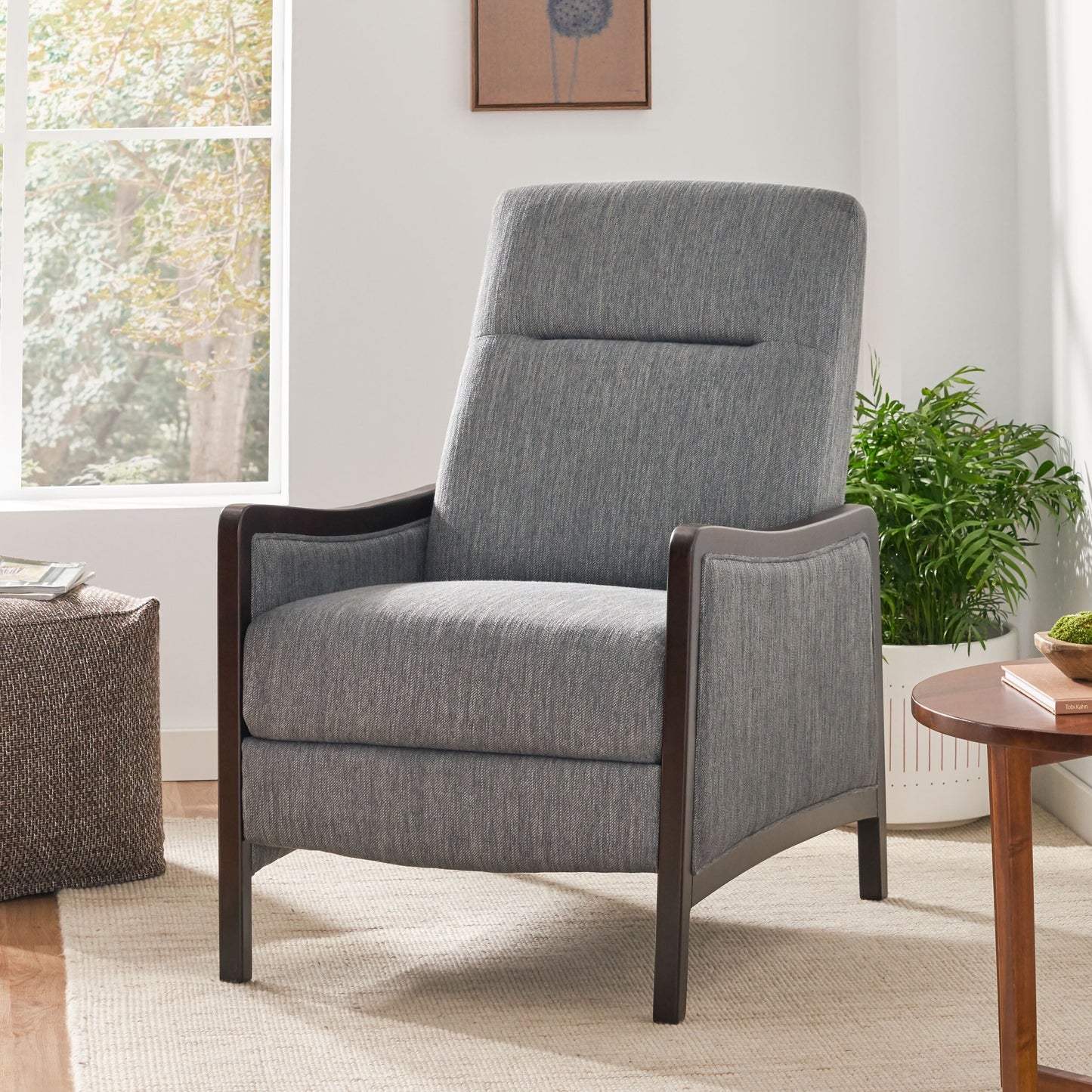 Mid-Century Upholstered Push-Back Recliner with Footrest and Birch Wood Frame