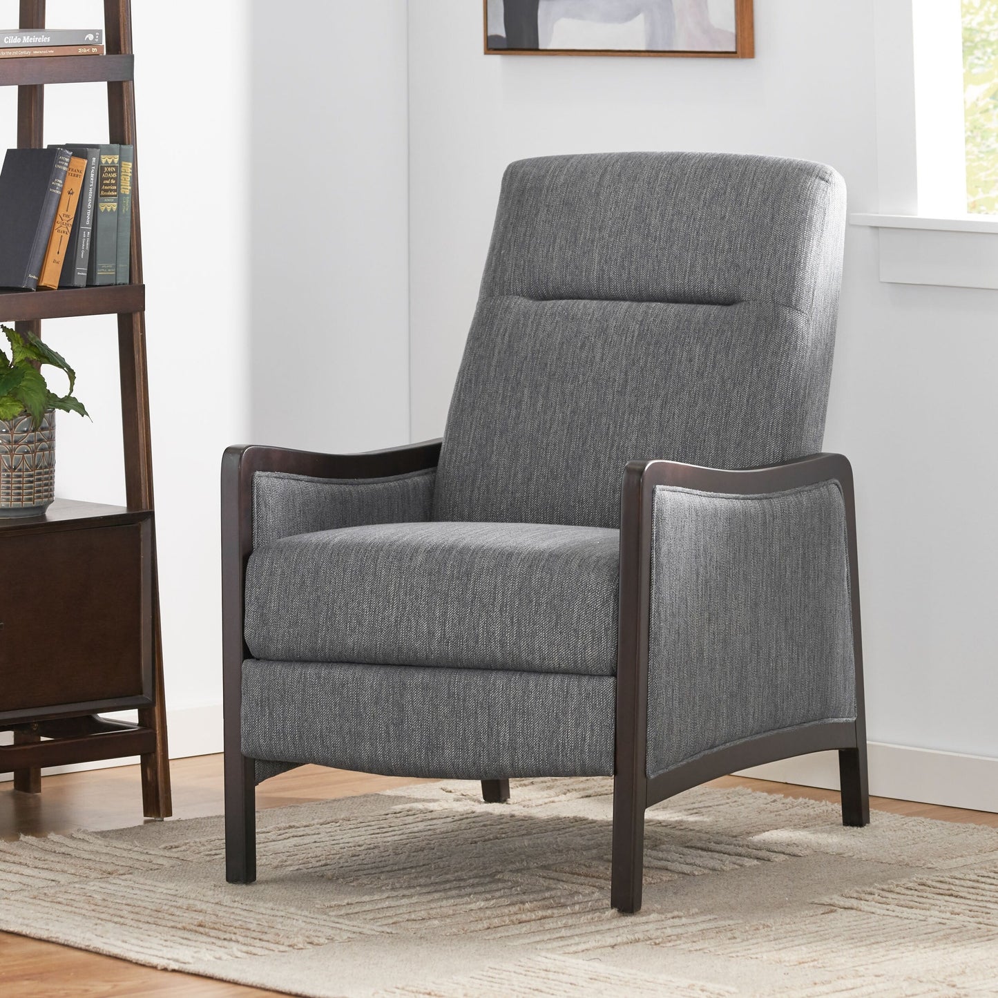 Mid-Century Upholstered Push-Back Recliner with Footrest and Birch Wood Frame