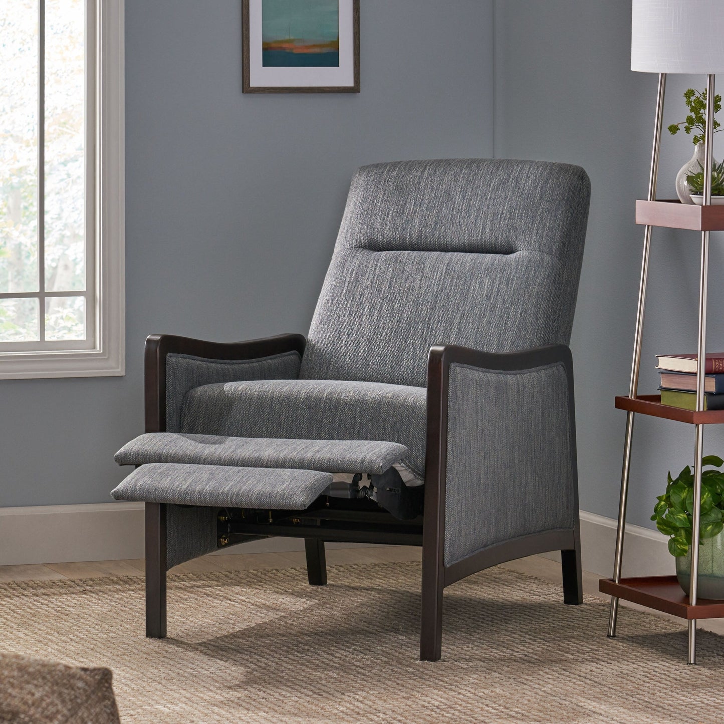 Mid-Century Upholstered Push-Back Recliner with Footrest and Birch Wood Frame