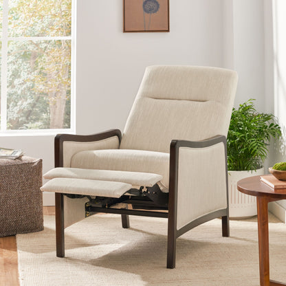 Mid-Century Upholstered Push-Back Recliner with Footrest and Birch Wood Frame