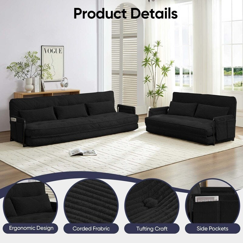 Mixoy Muti-Functional Folding Floor Sofa Bed,3-Seater with Loveseat Lazy Sofa,6 Position Adjustable Backrest