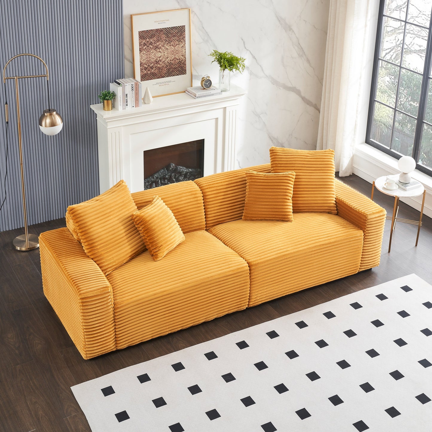 Modern 104.72 Corduroy 4-seat Sofa with 4 Throw Pillows for Living Room