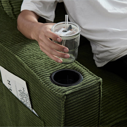 Modern 87.4 Corduroy 3-seater Deep Seat Sofa with Cup Holder and Storage Bags for Living Room