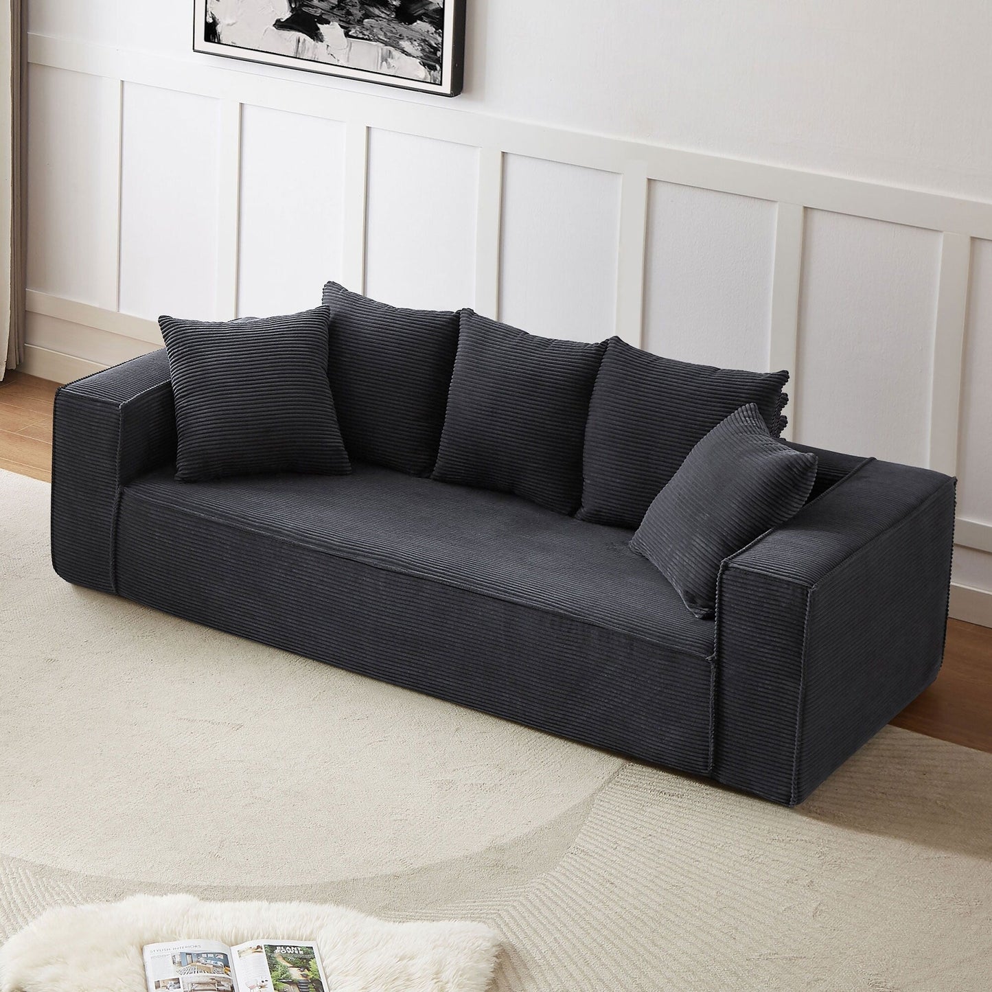 Modern 88.97 Corduroy Upholstered 3-seater Floor Sofa with 5 Matching Toss Pillows for Living Room