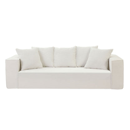 Modern 88.97 Corduroy Upholstered 3-seater Floor Sofa with 5 Matching Toss Pillows for Living Room