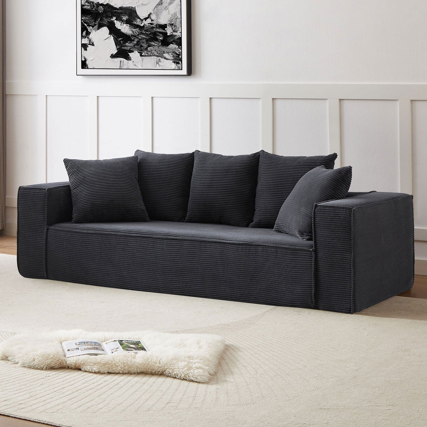 Modern 88.97 Corduroy Upholstered 3-seater Floor Sofa with 5 Matching Toss Pillows for Living Room
