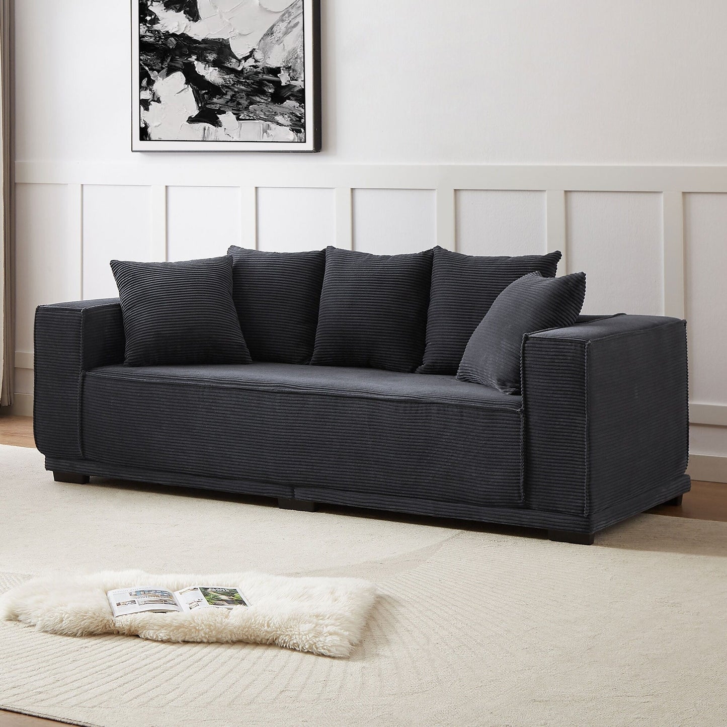 Modern 88.97 Corduroy Upholstered 3-seater Sofa with 5 Matching Toss Pillows for Living Room