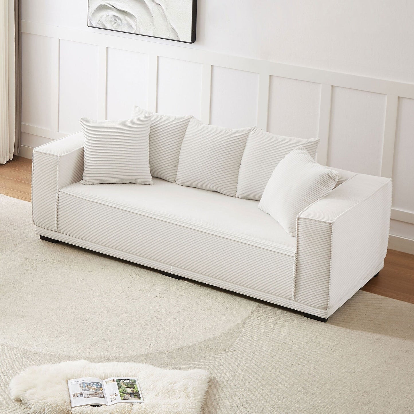 Modern 88.97 Corduroy Upholstered 3-seater Sofa with 5 Matching Toss Pillows for Living Room