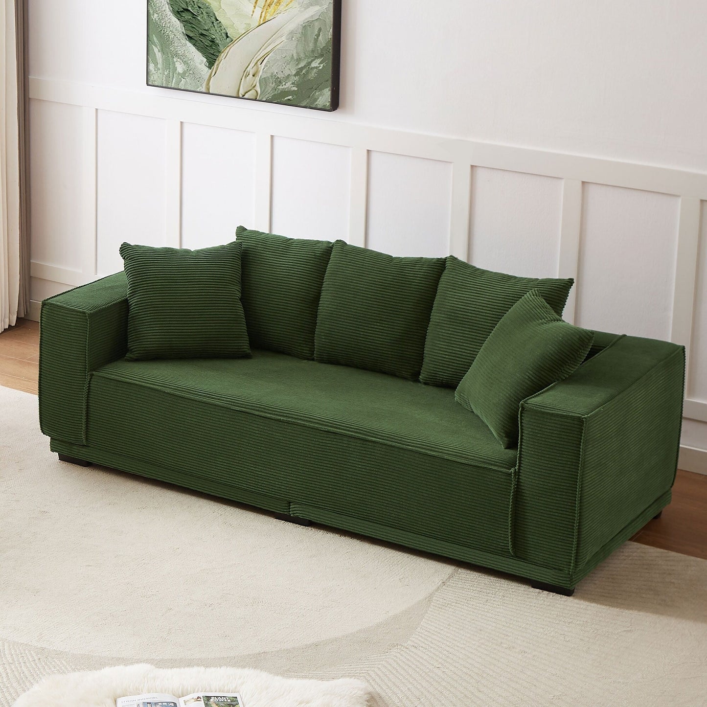 Modern 88.97 Corduroy Upholstered 3-seater Sofa with 5 Matching Toss Pillows for Living Room