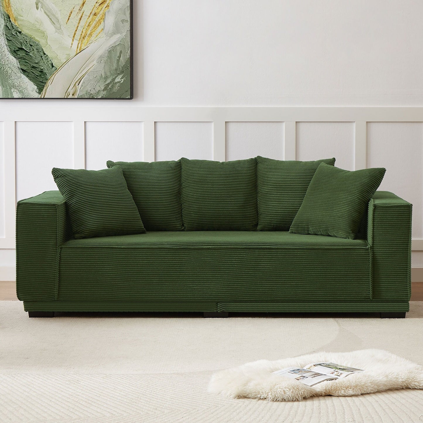 Modern 88.97 Corduroy Upholstered 3-seater Sofa with 5 Matching Toss Pillows for Living Room