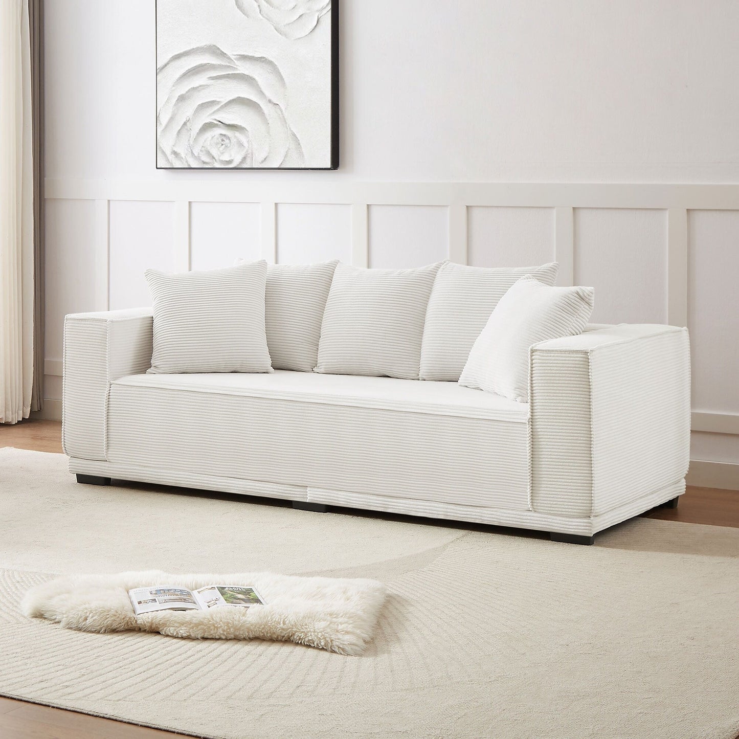 Modern 88.97 Corduroy Upholstered 3-seater Sofa with 5 Matching Toss Pillows for Living Room