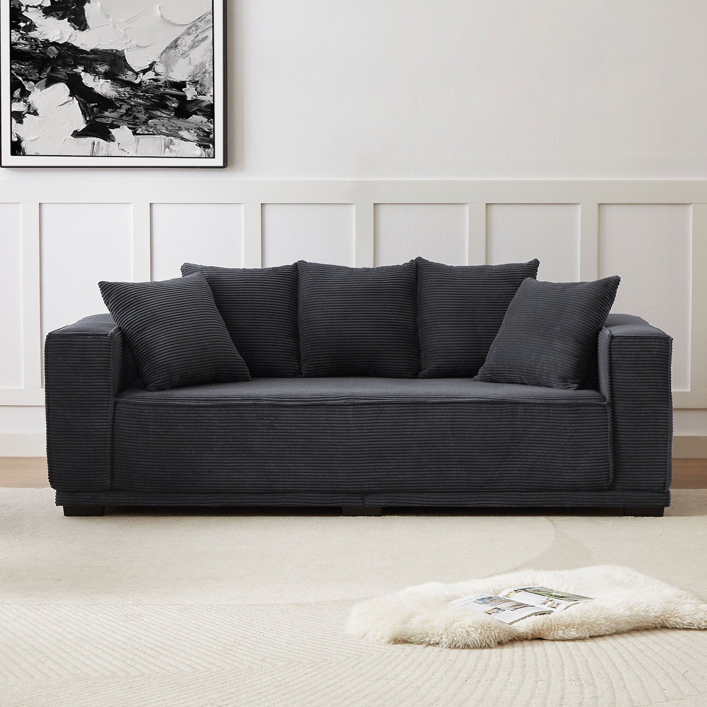 Modern 88.97 Corduroy Upholstered 3-seater Sofa with 5 Matching Toss Pillows for Living Room