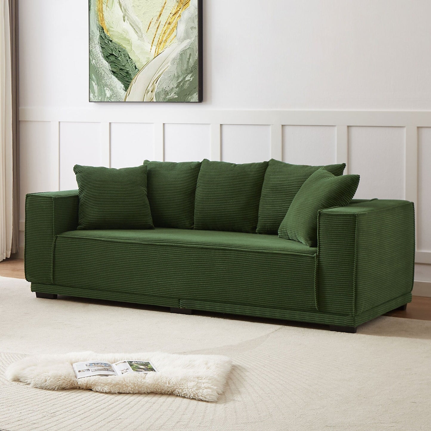 Modern 88.97 Corduroy Upholstered 3-seater Sofa with 5 Matching Toss Pillows for Living Room