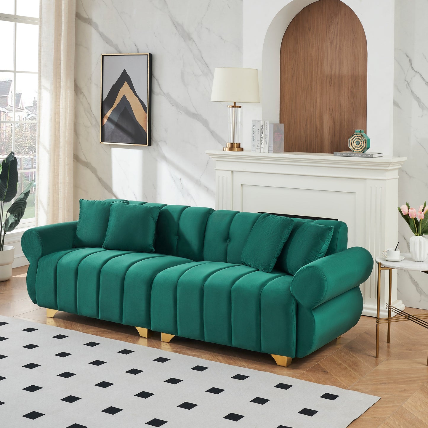 Modern 89 Velvet 3-seater Sofa with Spring-Wrapped Cushions and Metal Feet for Living Room