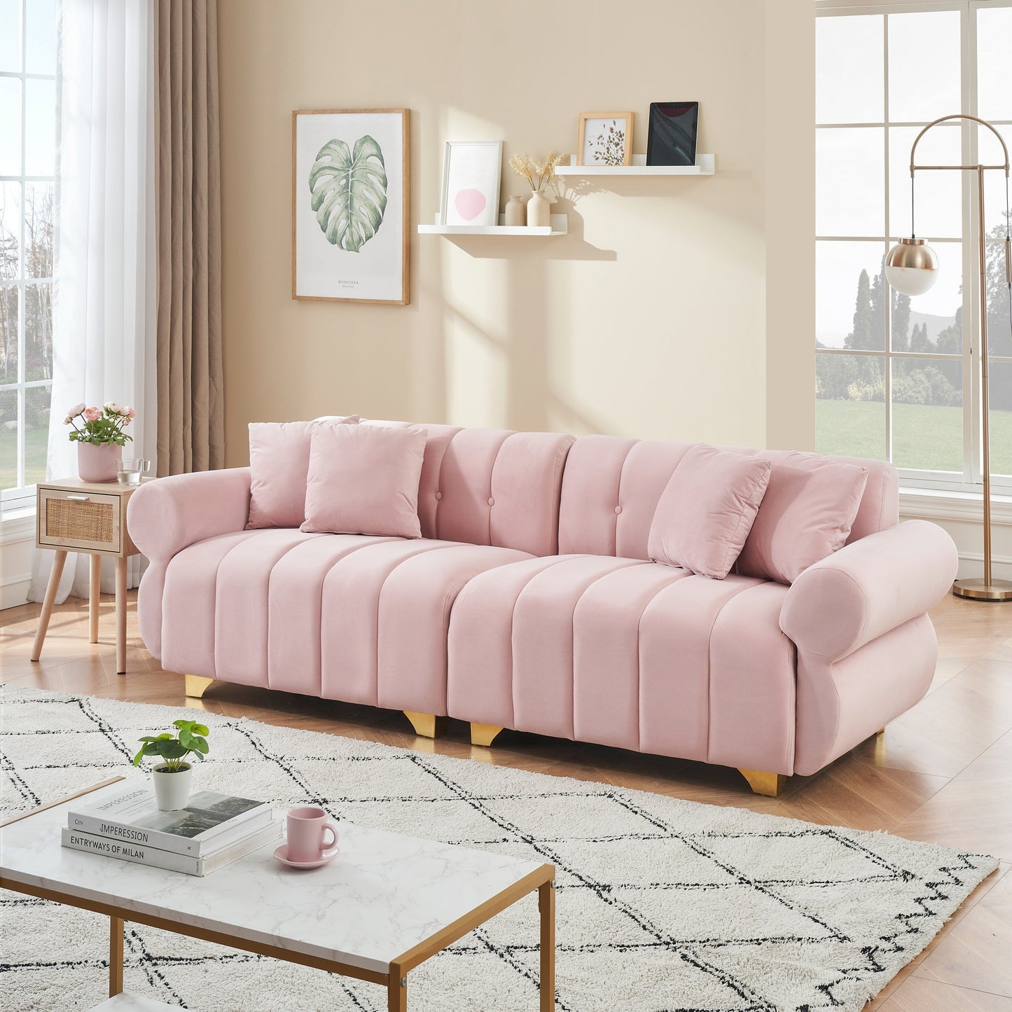 Modern 89 Velvet 3-seater Sofa with Spring-Wrapped Cushions and Metal Feet for Living Room