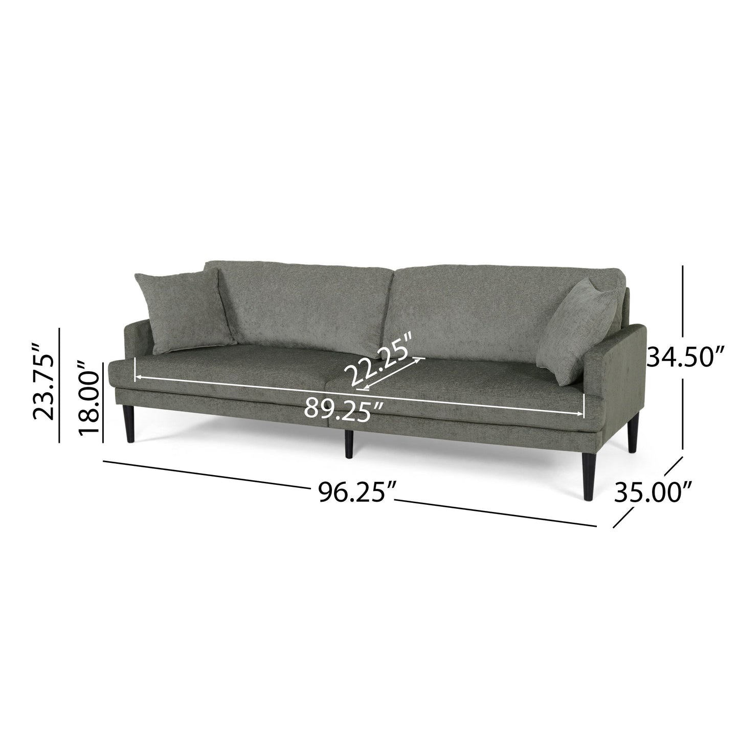 Modern 96.25 Upholstered 3-seater Sofa with Wood Legs and Accent Pillows for Living Room