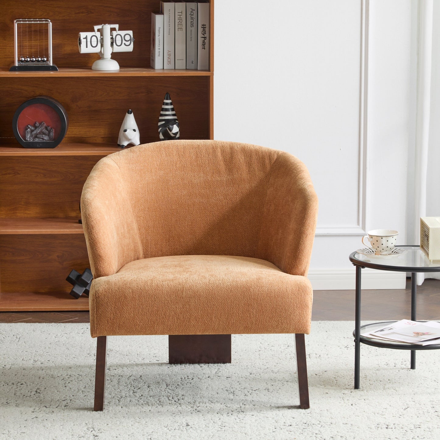 Modern Accent Chair with Round Back & Wooden Legs - Mid-Century Inspired Lounge Chair or Office - Soft Fabric Upholstery