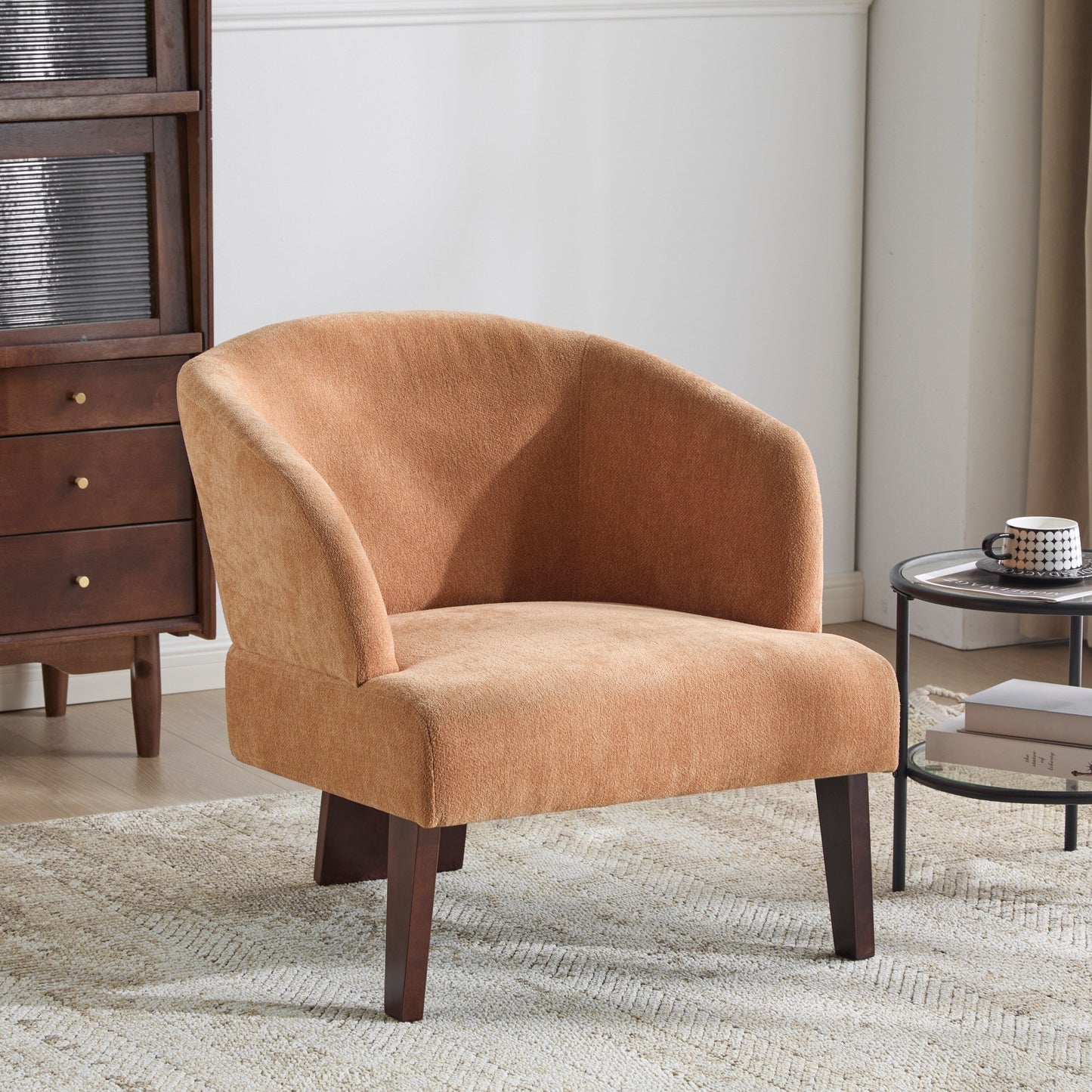 Modern Accent Chair with Round Back & Wooden Legs - Mid-Century Inspired Lounge Chair or Office - Soft Fabric Upholstery