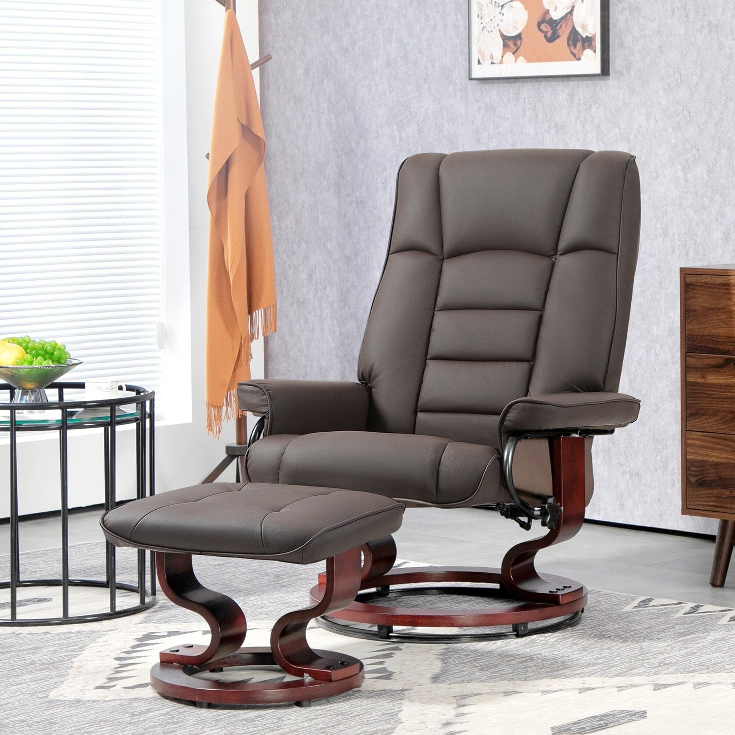 Modern Adjustable Backrest Office Chair 360Â° Swivel Manual Recliner Chair Wood Frame Lounge Chair with Ottoman
