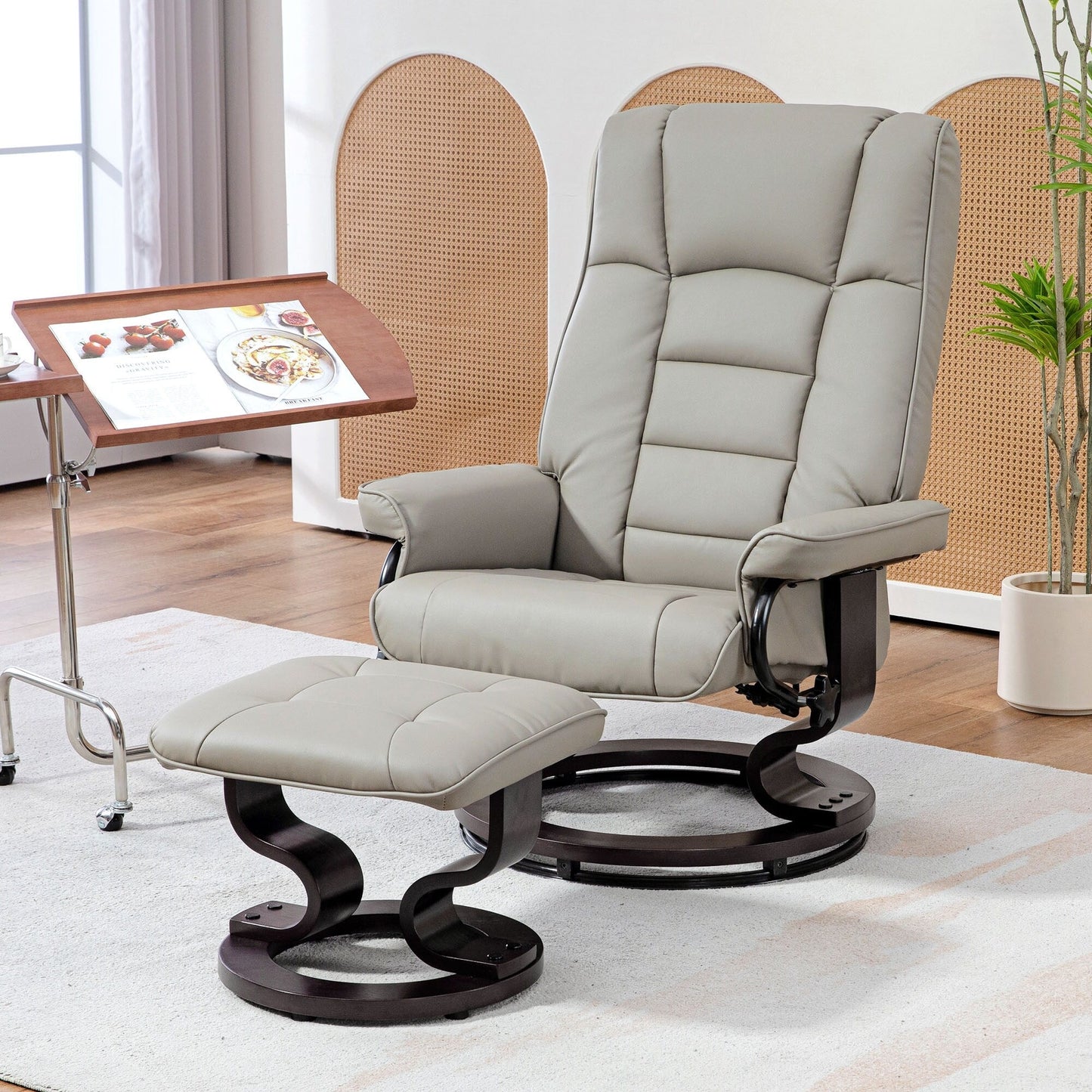 Modern Adjustable Backrest Office Chair 360Â° Swivel Manual Recliner Chair Wood Frame Lounge Chair with Ottoman