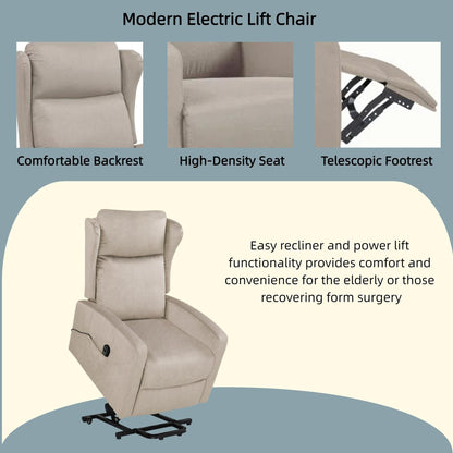 Modern Adjustable Power Lift Recliner Chair Linen Single Armchair with Remote Control and Side Pocket, Telescopic Footrest