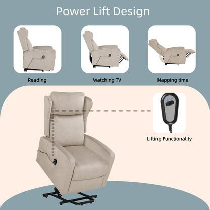 Modern Adjustable Power Lift Recliner Chair Linen Single Armchair with Remote Control and Side Pocket, Telescopic Footrest