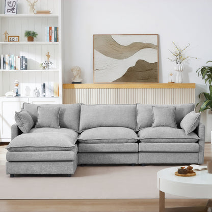 Modern Chenille 3-Seater Modular L-Shaped Sectional Sofa with Removable Ottoman for Living Room