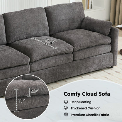 Modern Chenille Comfy Upholstered 3-Seat Sofa, Comfy Cloud 3-seater Sofa w2 Lumbar Pillow Plush Cushion Sofa Couch