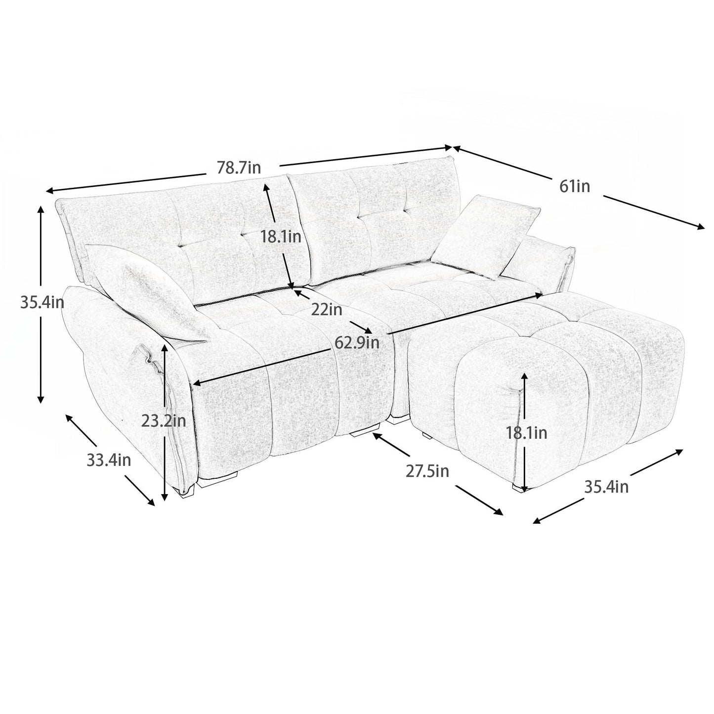 Modern Chenille Fabric 2-Seater Sofa with Ottoman