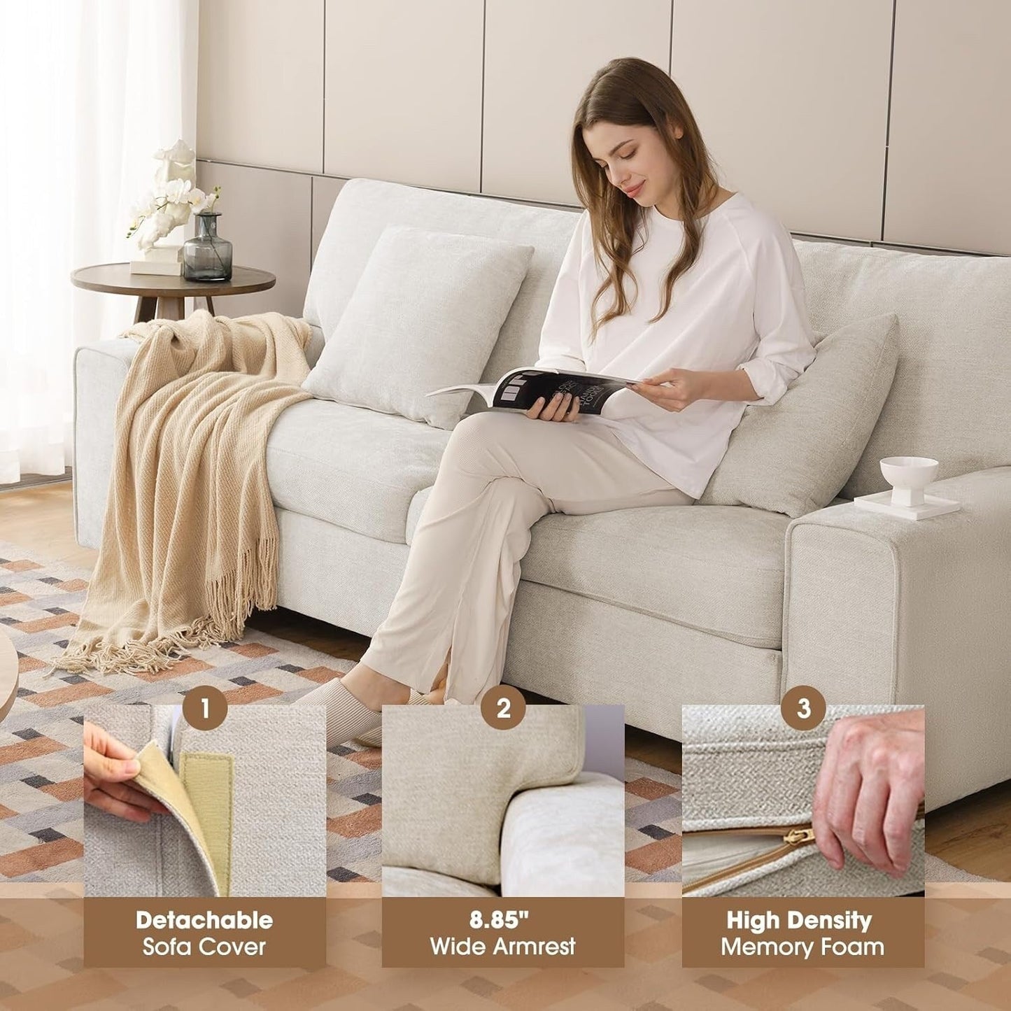 Modern Chenille Loveseat Sofa for Living Room - Recliner with Removable Cover, Spring Cushions & Solid Wood Frame, Beige