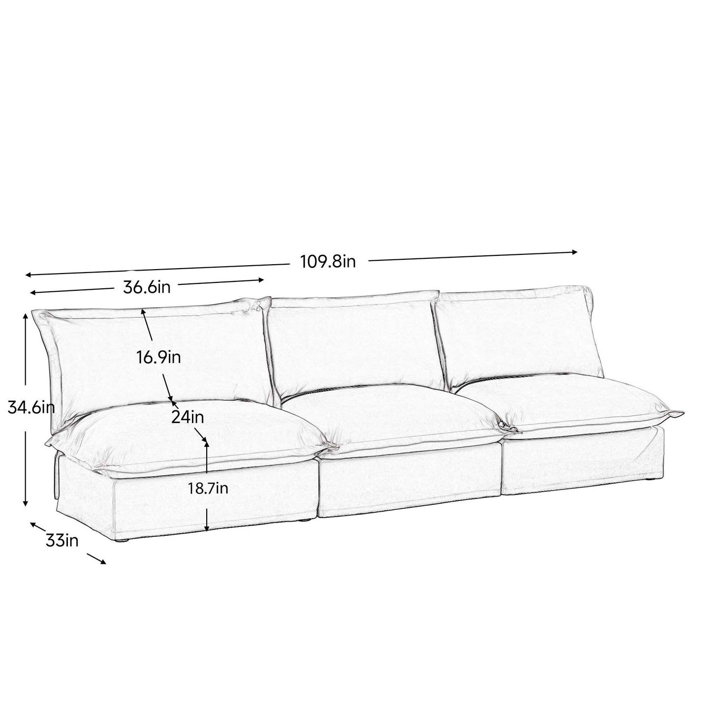 Modern Chenille Modular Armless 3-Seater Sofa Couch