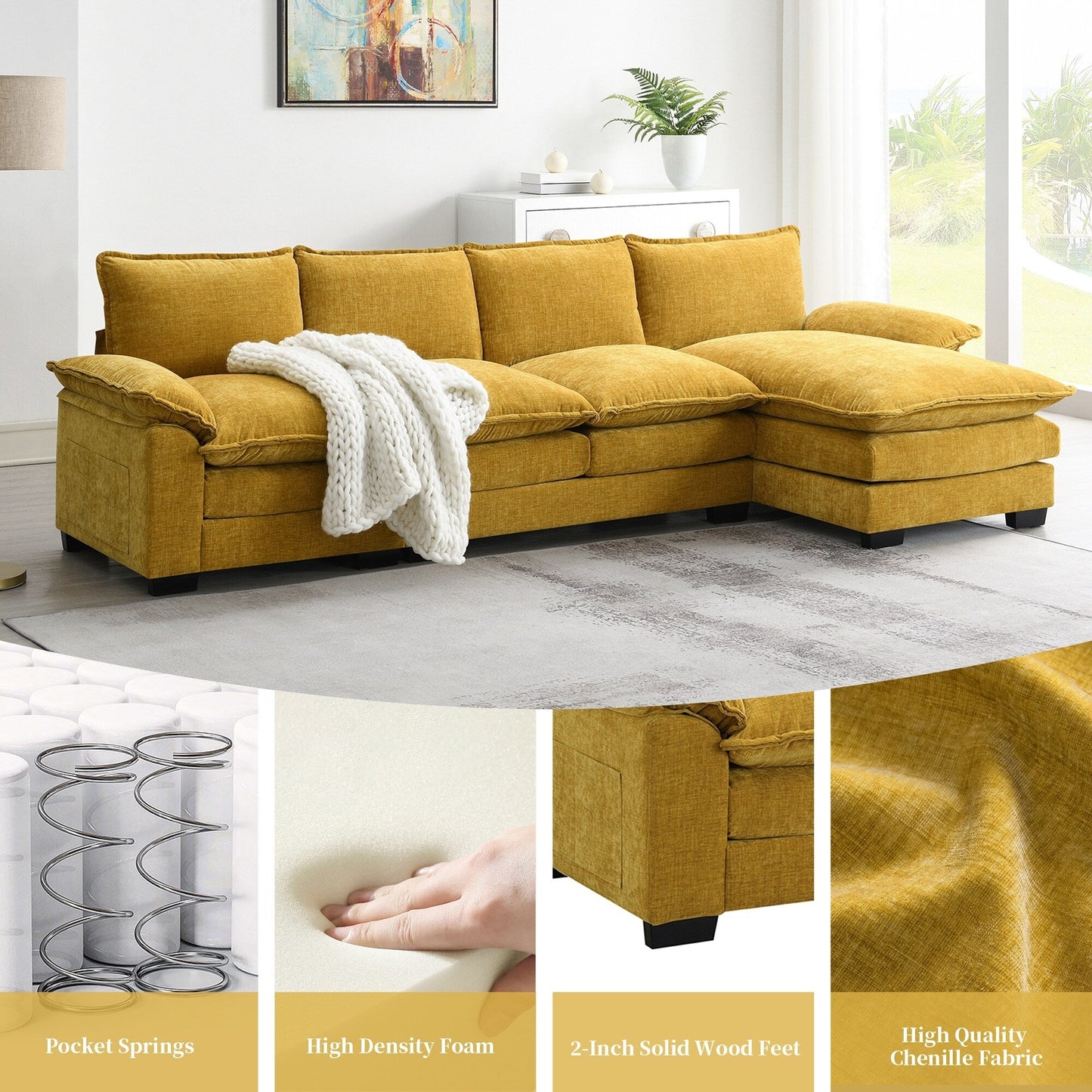Modern Chenille Sectional Sofa With Double Cushions,Storage Pockets,Upholstered,L-Shaped Cloud Couch With Reversible Chaise